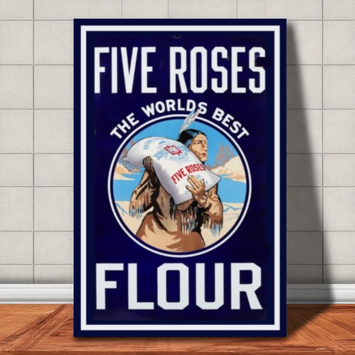Five Roses flour advertisement poster on a tiled wall