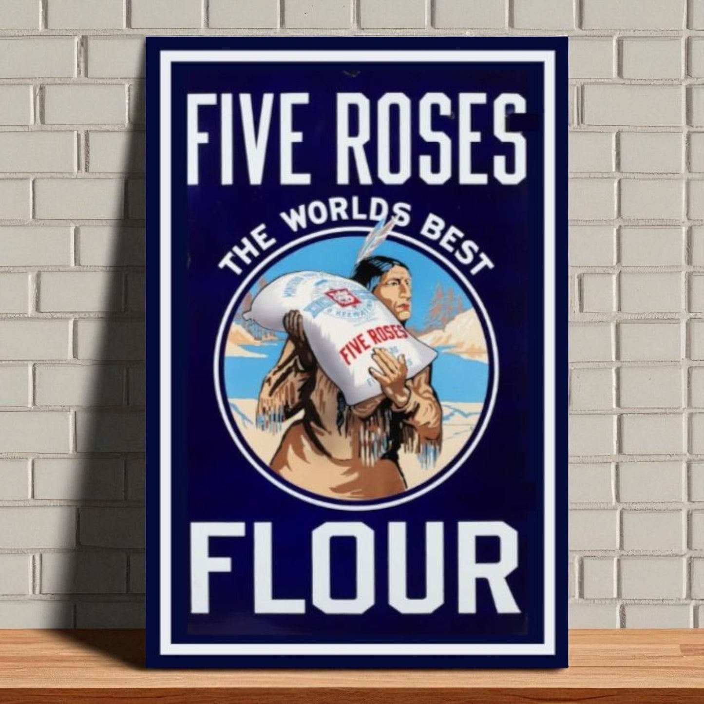 Five Roses flour advertisement on a brick wall background