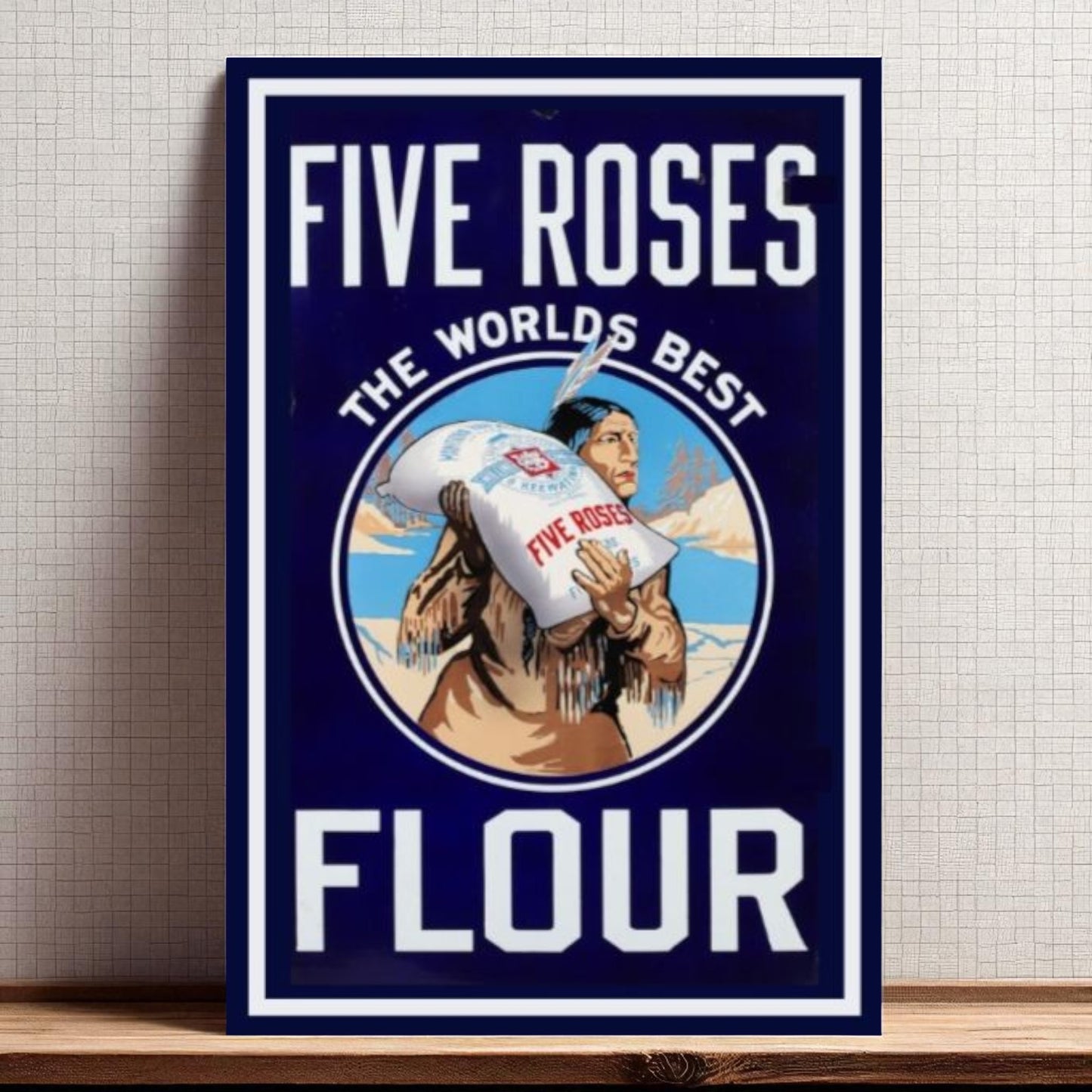 Vintage-style advertisement poster for Five Roses flour on a wooden surface with a tiled wall background.