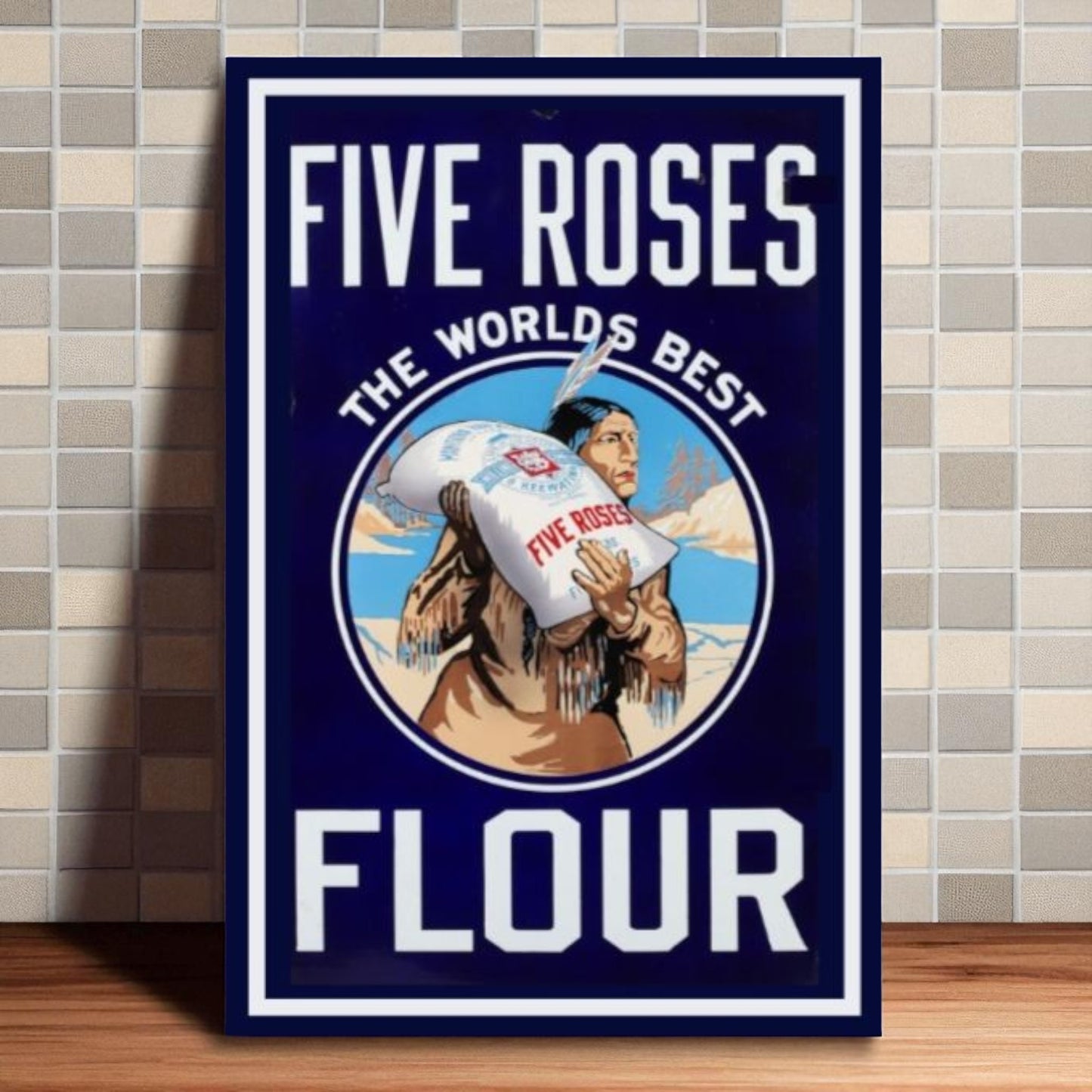 Five Roses flour advertisement on a tiled wall