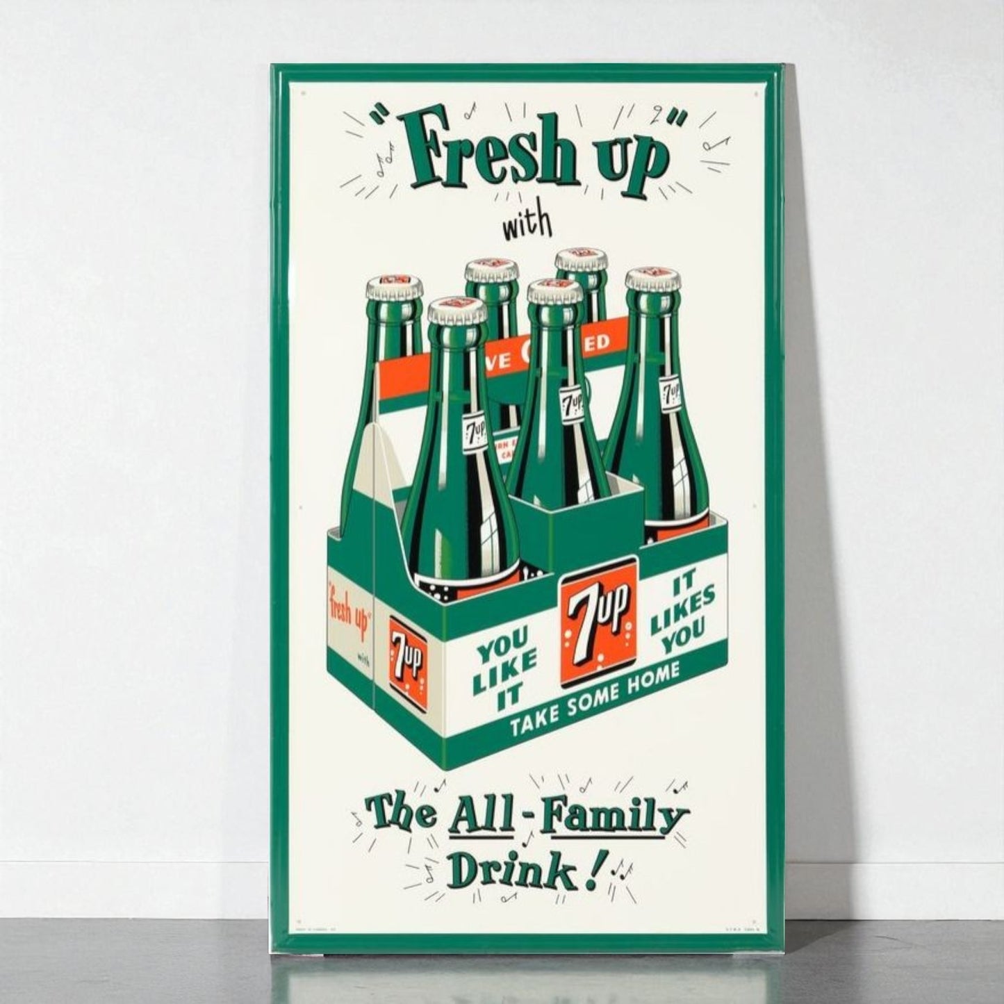 Vintage-style poster advertising 7-Up soda with a green six-pack design.