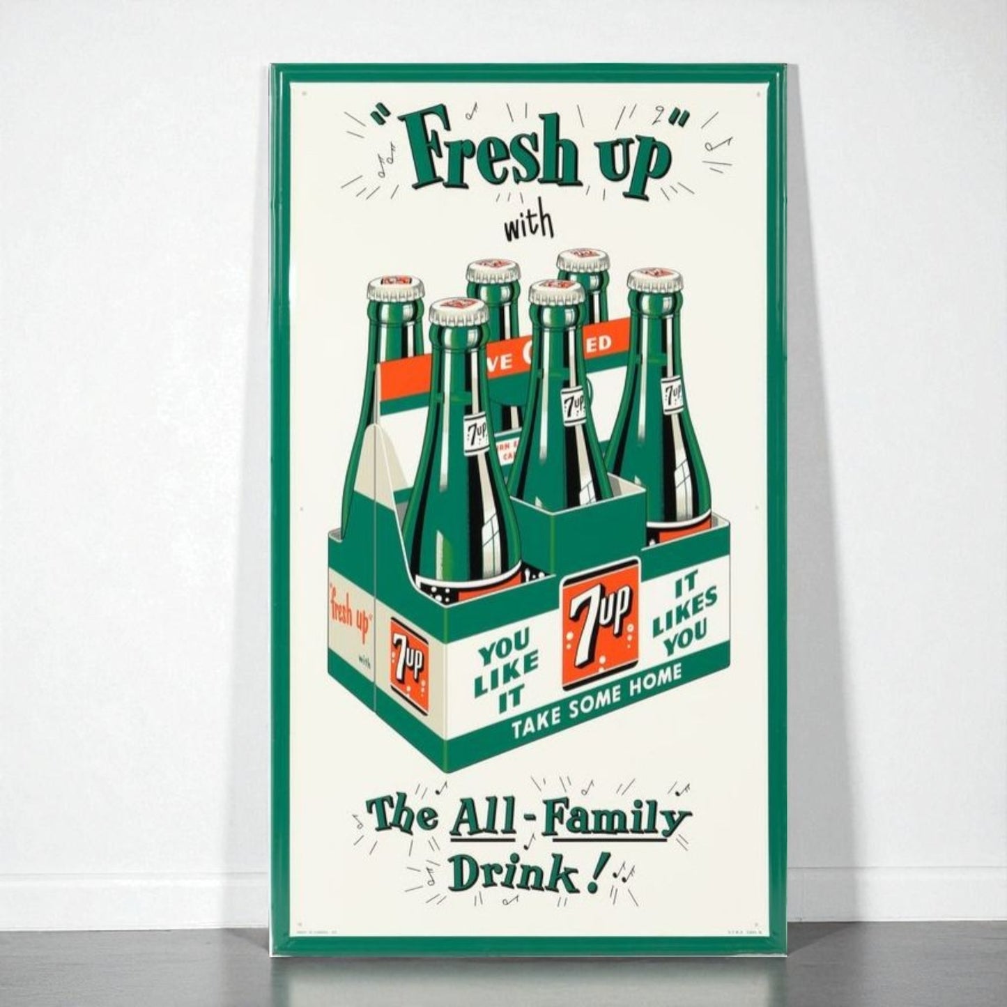 Vintage-style poster advertising 7-Up with a green frame.