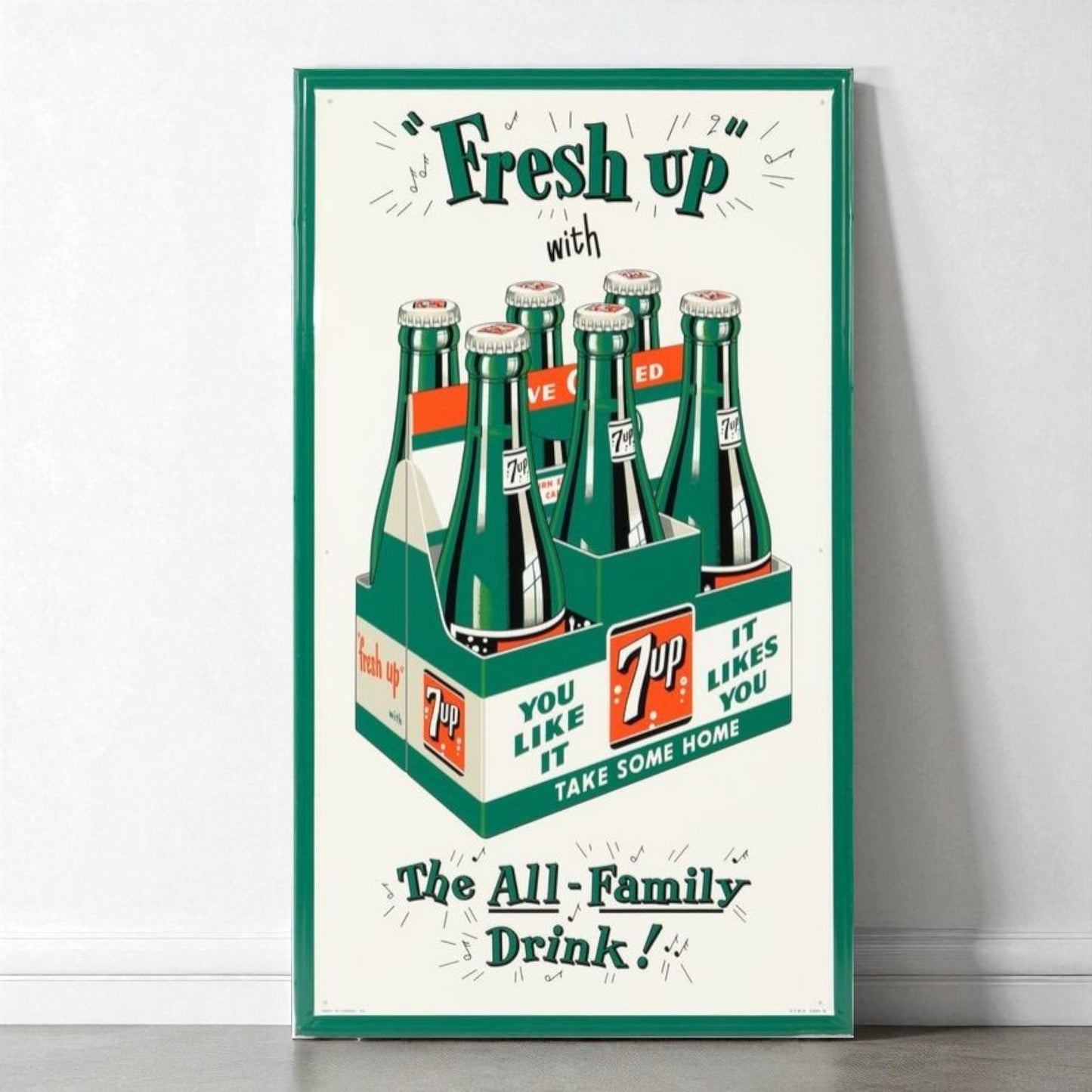 Vintage-style poster advertising 7-Up soda with green frame