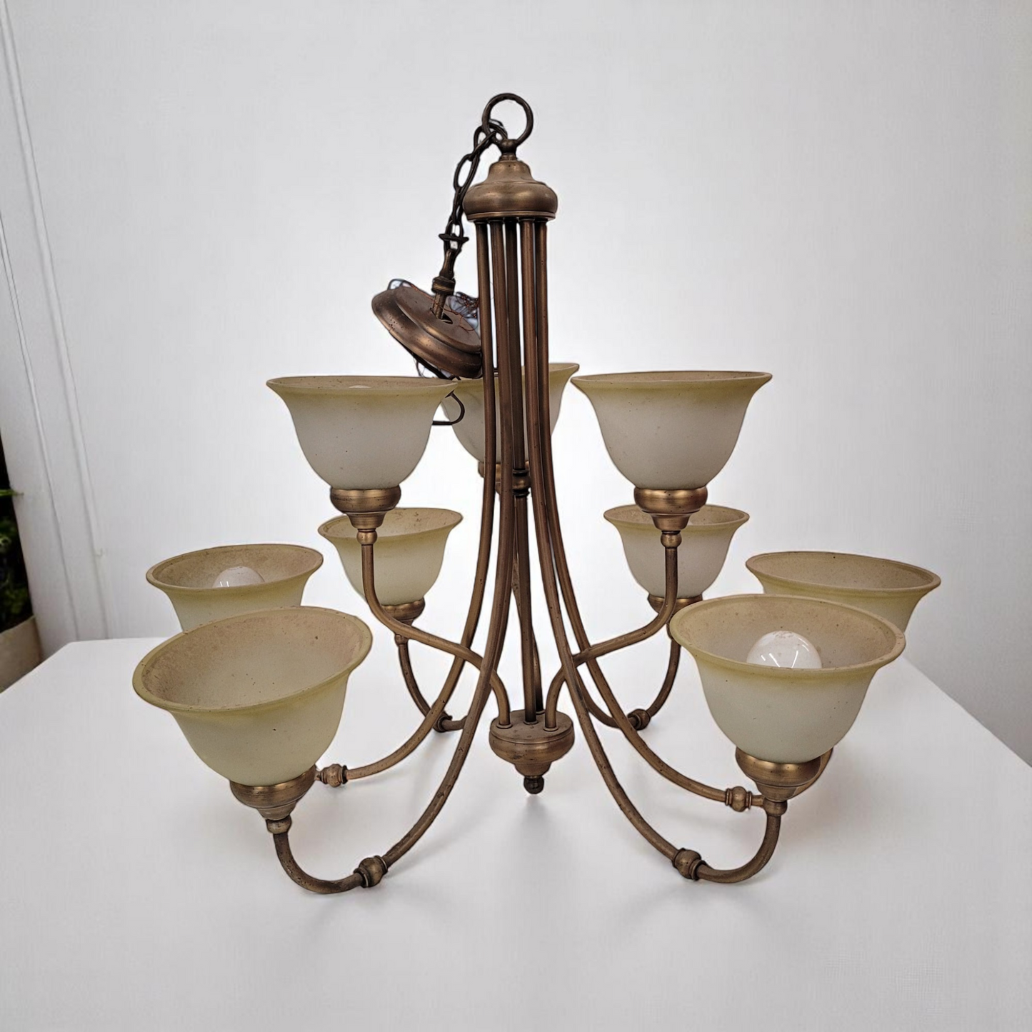 Vintage 9 Light Brass Tube Chandelier Light Fixture