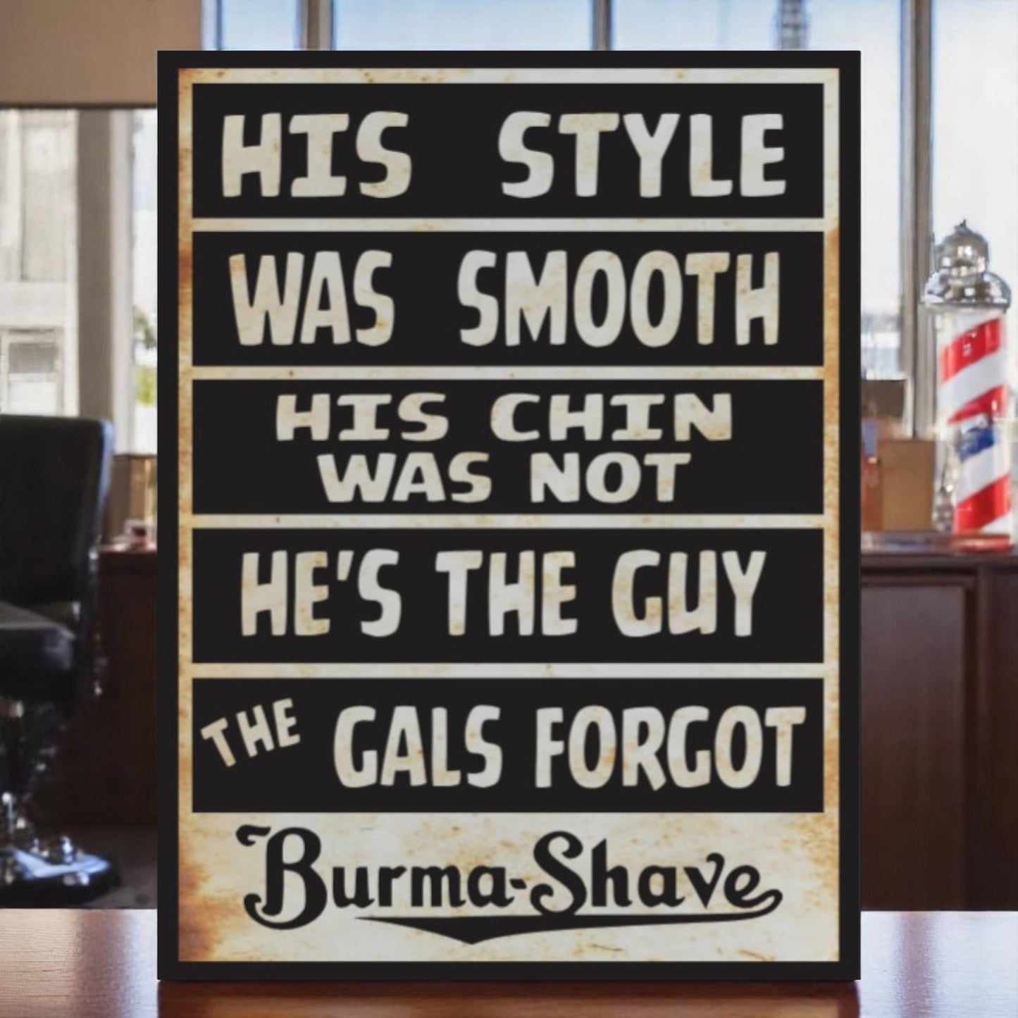 Vintage Burma Shave aluminum sign with retro slogan