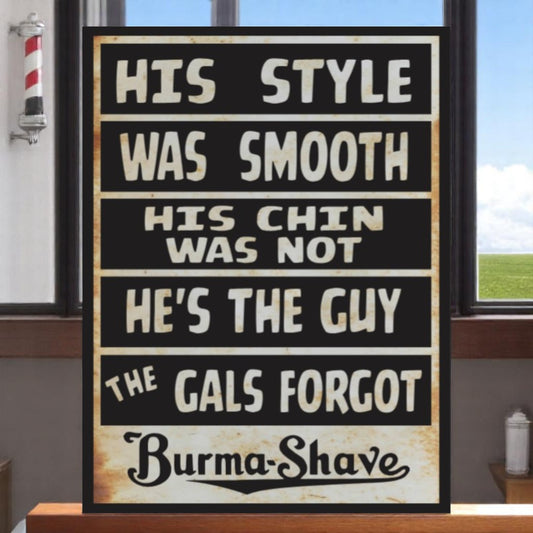 Vintage Burma Shave aluminum sign with retro slogan