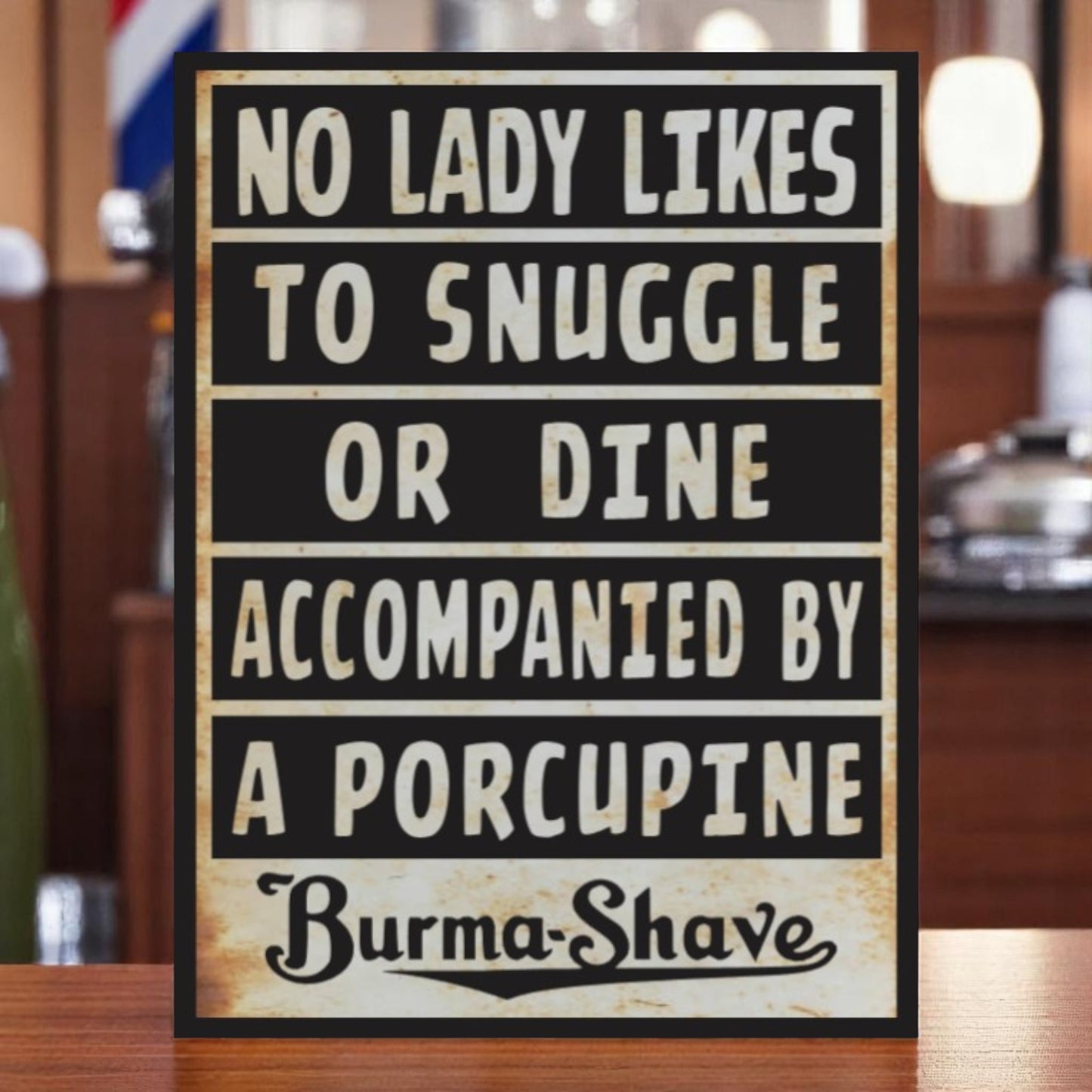 Vintage Burma Shave aluminum sign with retro slogan