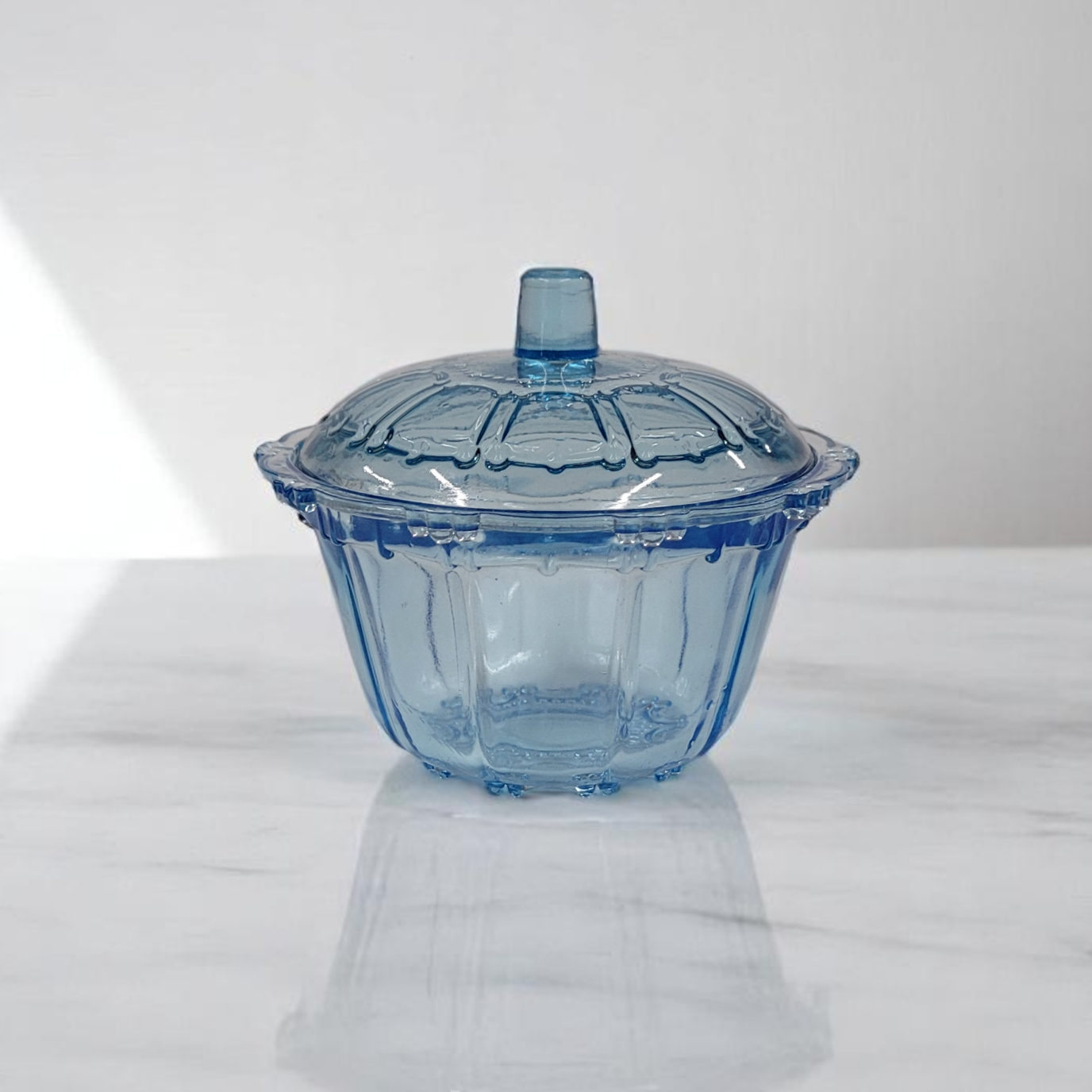 Vintage Blue Glass Small Sugar Bowl With Lid