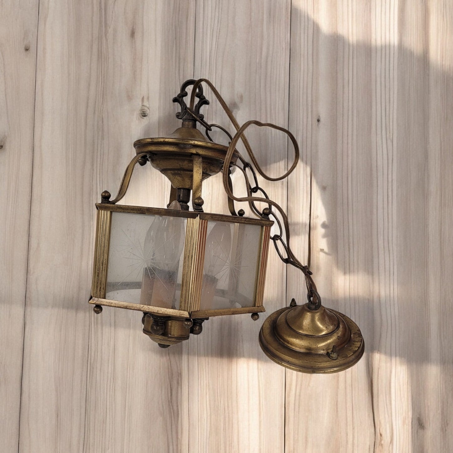 Vintage Brass Hexagonal Chandelier Light Fixture With Starburst Glass Shades