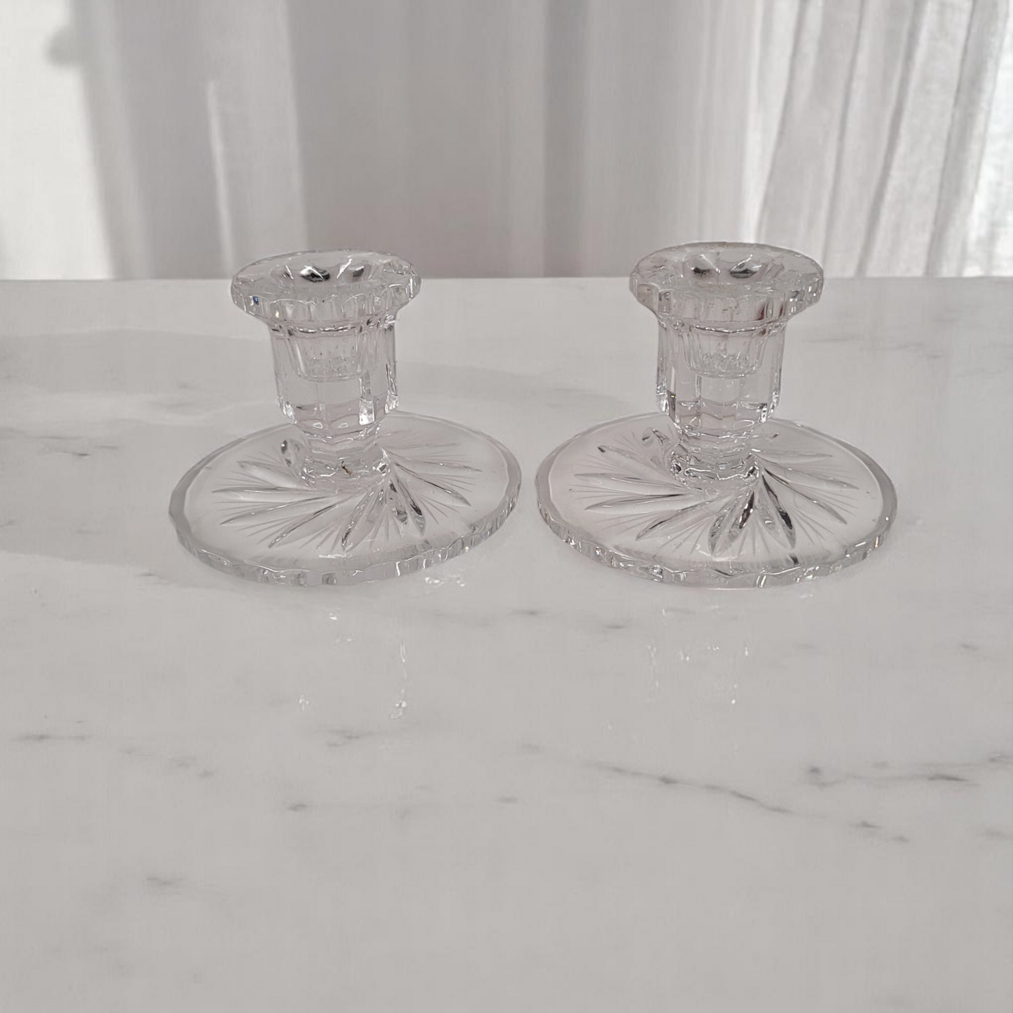 Set Of 2 Hand-Cut Crystal Glass Candle Holders Pinwheel Pattern
