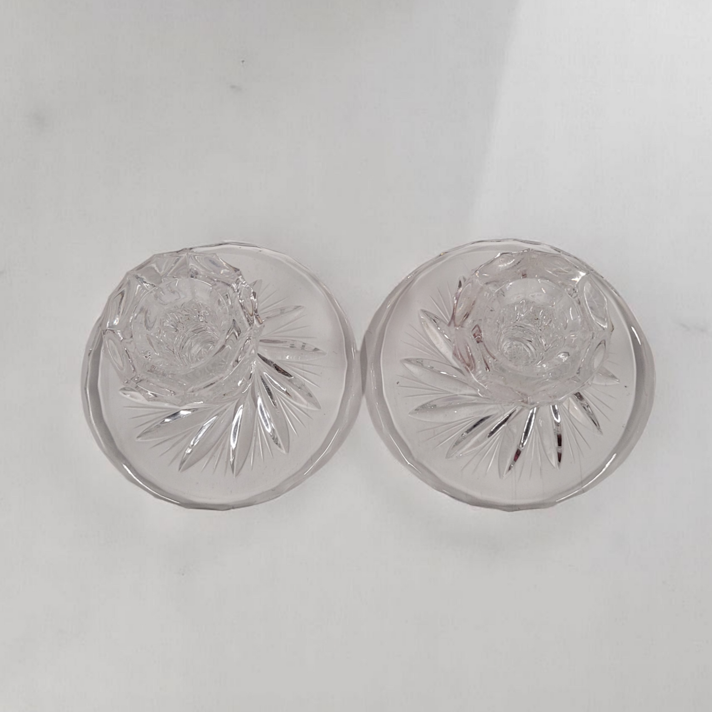 Set Of 2 Hand-Cut Crystal Glass Candle Holders Pinwheel Pattern