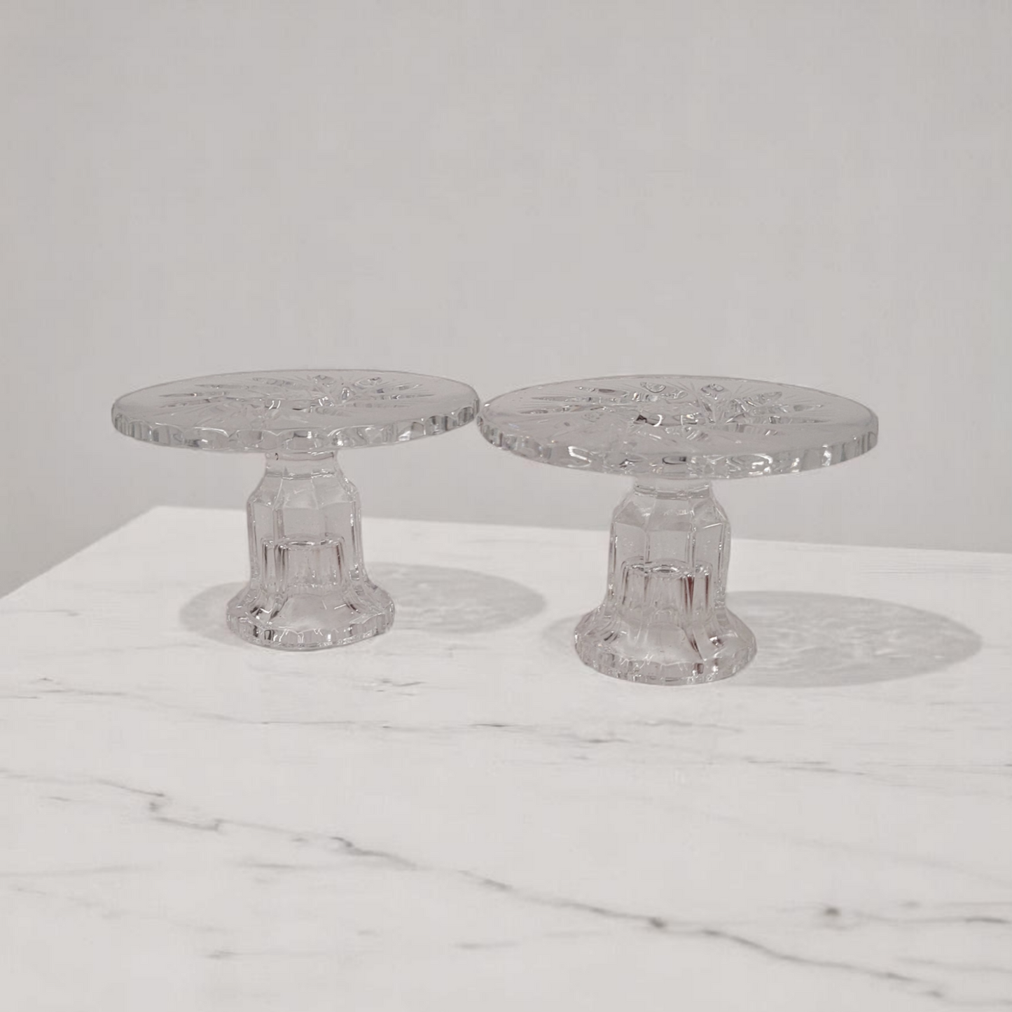 Set Of 2 Hand-Cut Crystal Glass Candle Holders Pinwheel Pattern