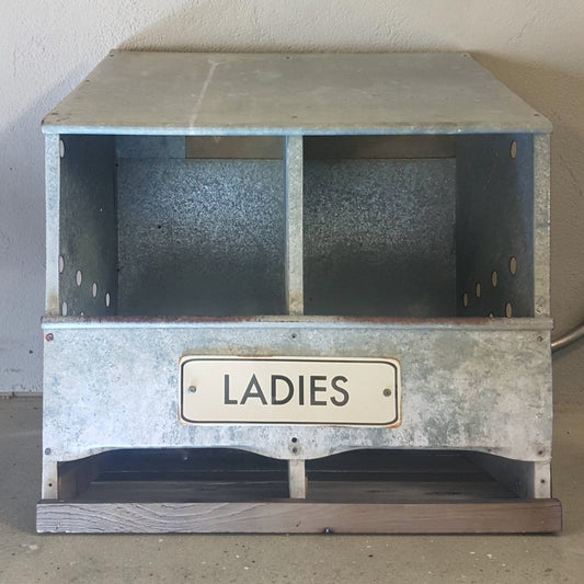 Reclaimed galvanized chicken nesting box for hens measuring 24 by 21 by 13 inches, rustic coop egg laying box with optional Ladies sign.