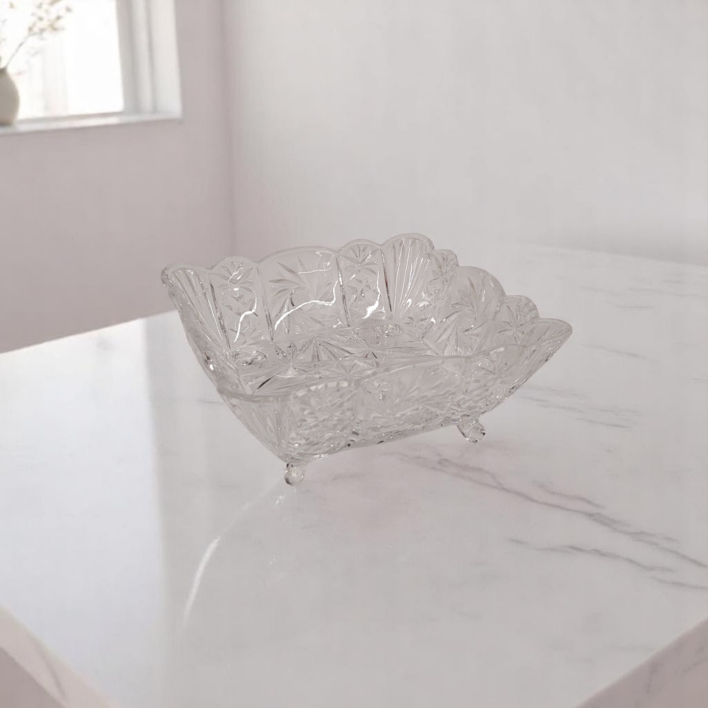 8" Hand-Cut Crystal Glass Square 4-Footed Pinwheel Serving Dish