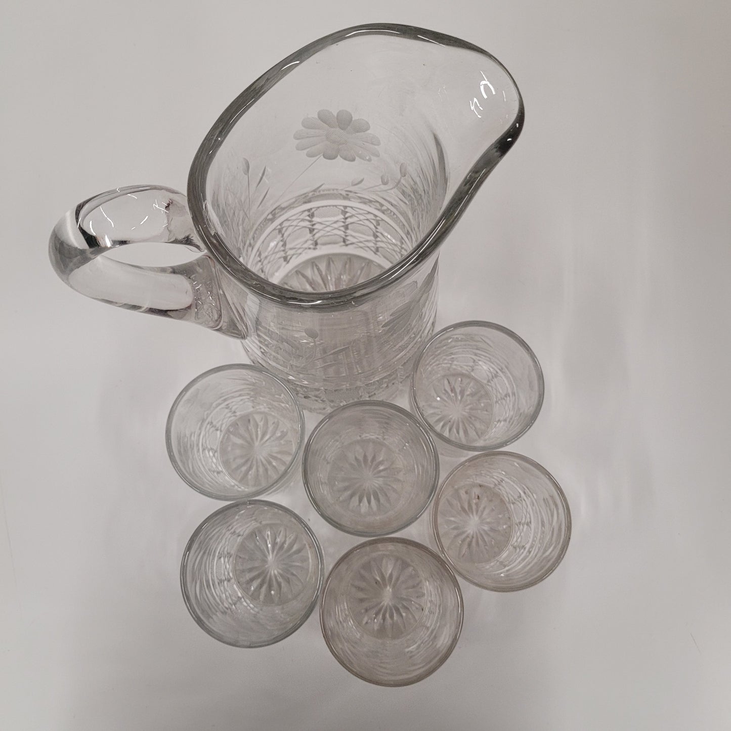 Vintage American Brilliant Period Cut And Etched Crystal Glass Pitcher And 6 Tumbler Set