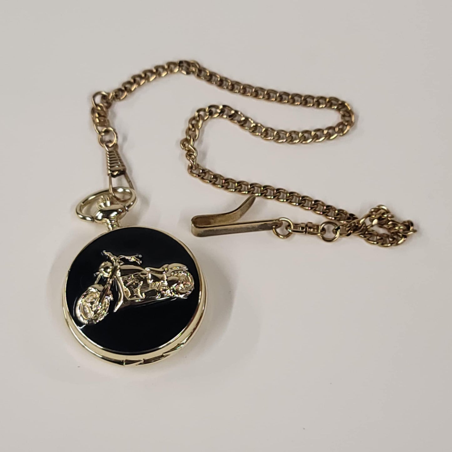 Vtg Motorcycle Pocket Watch & Chain  - Embassy By Gruen Quartz