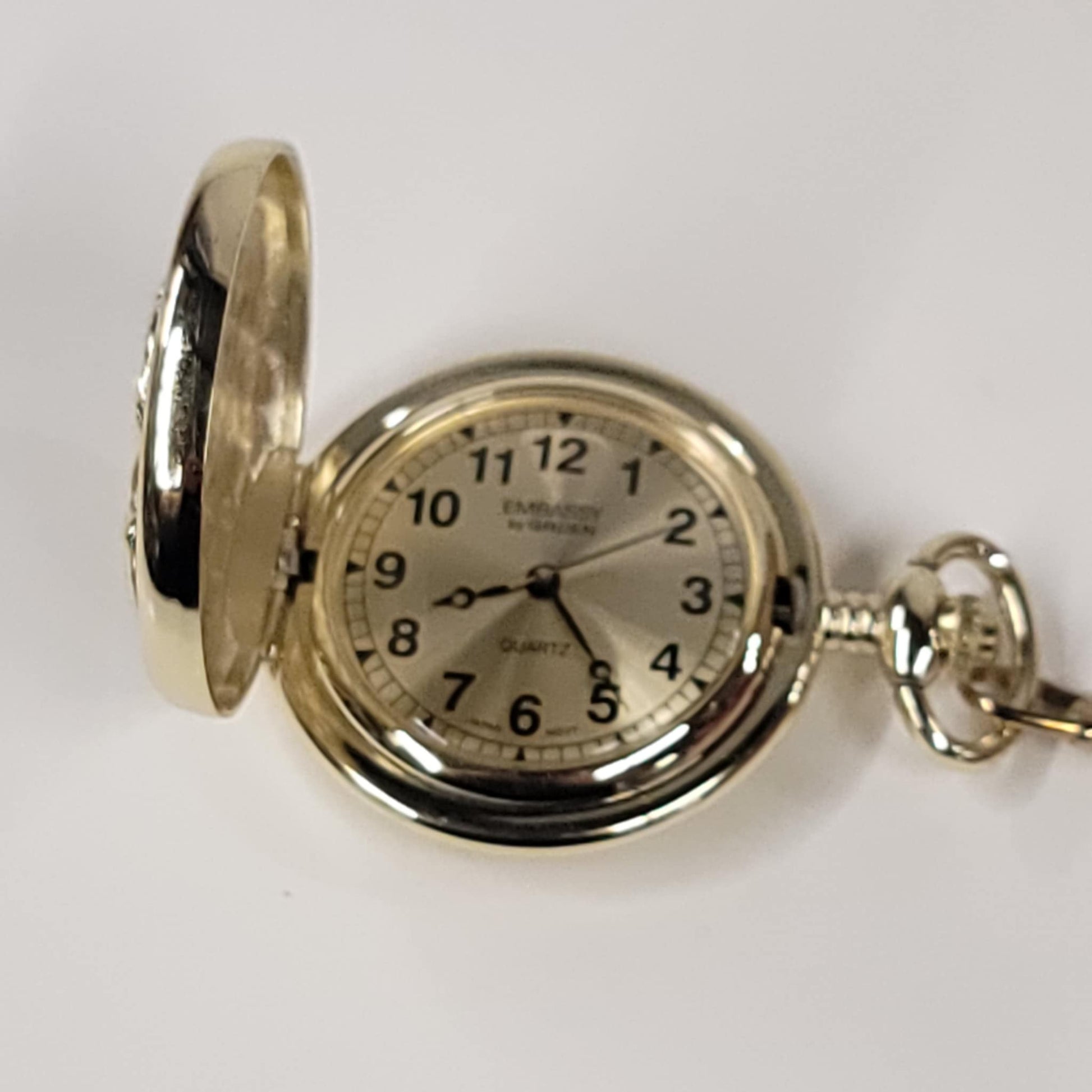 Vtg Motorcycle Pocket Watch & Chain  - Embassy By Gruen Quartz