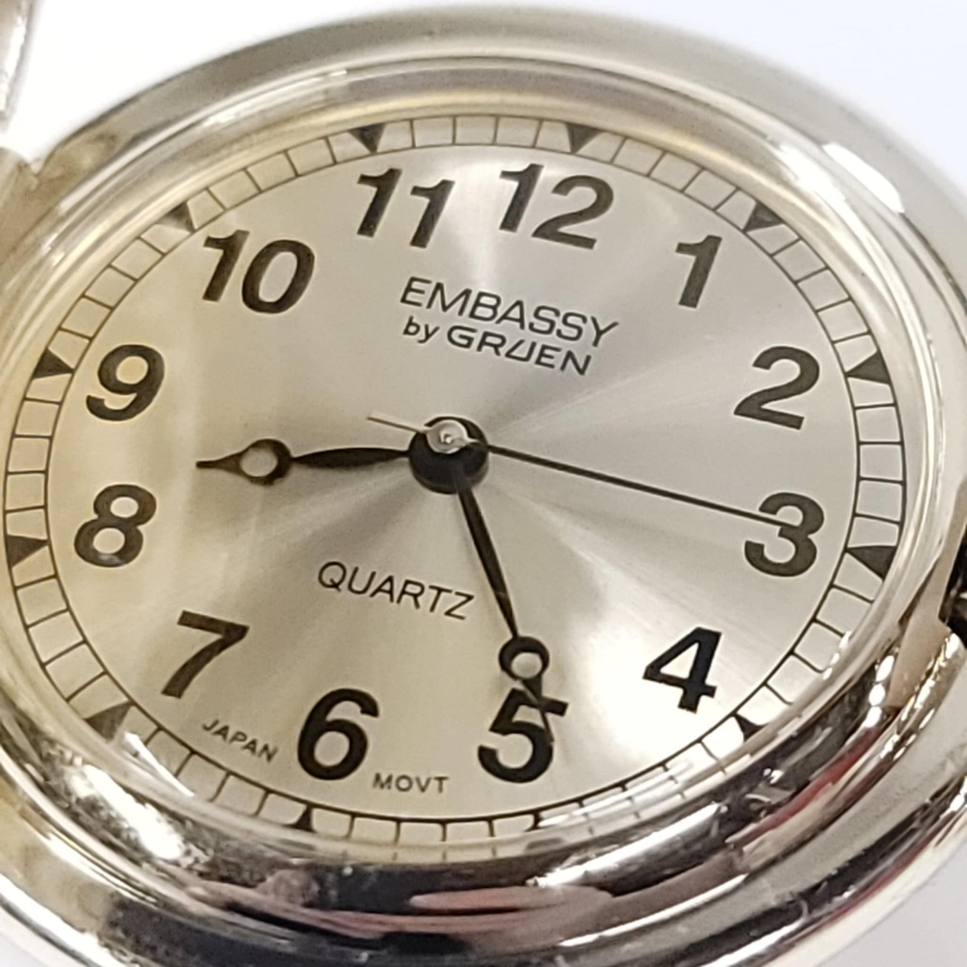 Vtg Motorcycle Pocket Watch & Chain  - Embassy By Gruen Quartz