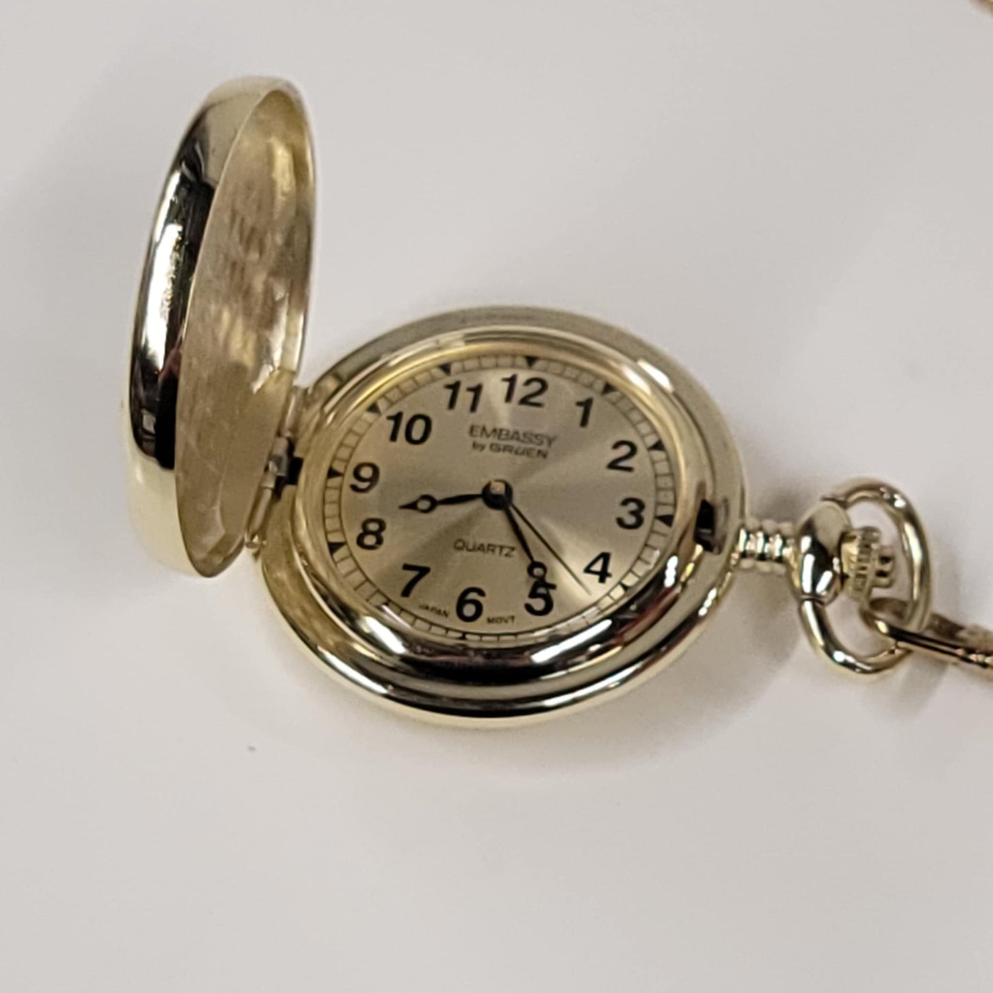 Vtg Motorcycle Pocket Watch & Chain  - Embassy By Gruen Quartz