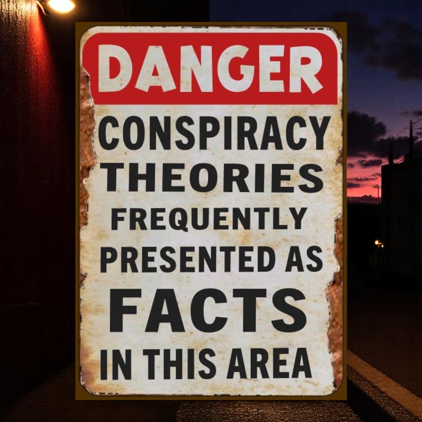 Danger: Conspiracy Theories Presented as Facts Aluminum Sign