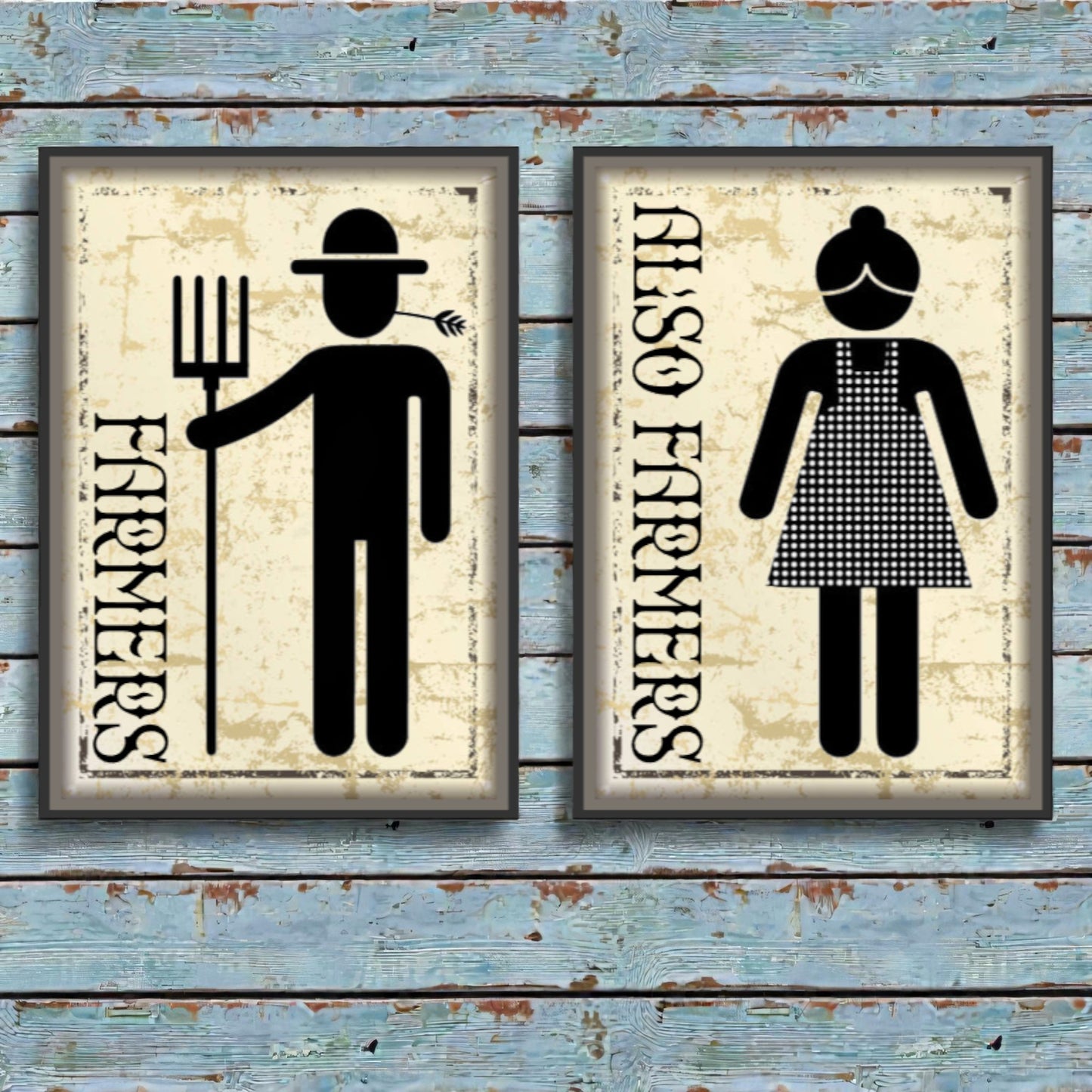 Two framed prints on a wooden wall, one labeled 'Farmers' with a farmer icon and the other labeled 'Also Farmers' with a woman icon.