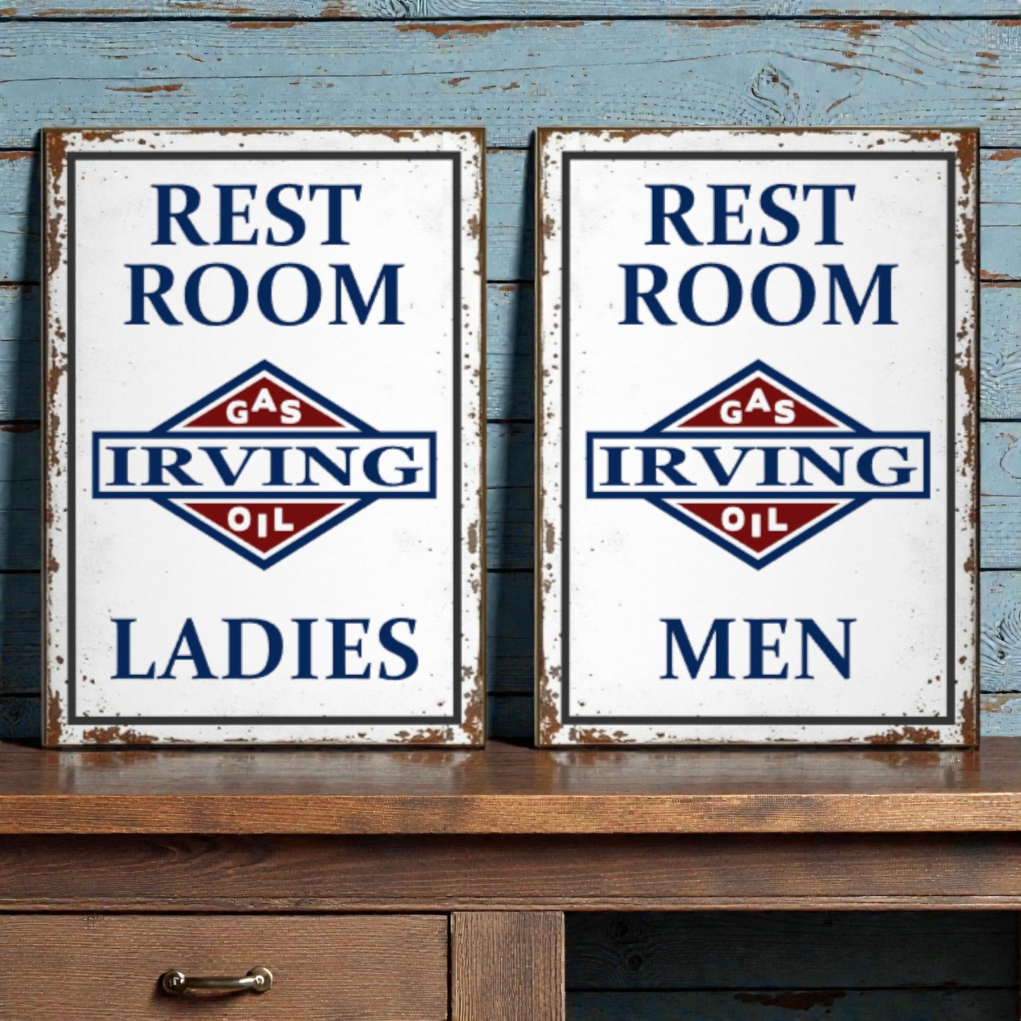 Two vintage-style restroom signs for Irving Gas and Oil on a wooden surface with a rustic background.