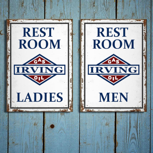 Two vintage-style restroom signs for Irving Oil on a wooden background.