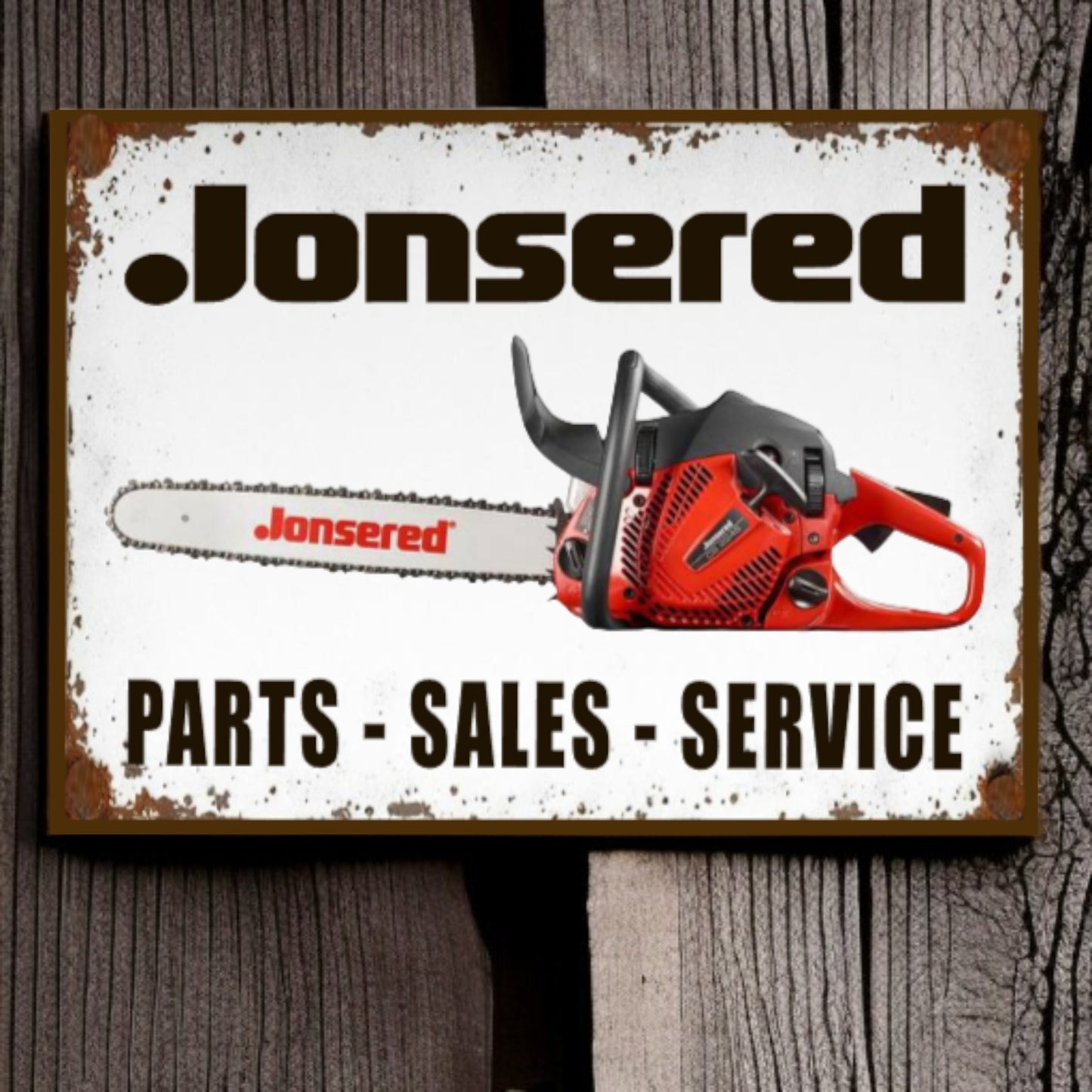 Jonsered chainsaw on a sign with 'Parts - Sales - Service' text against a wooden background