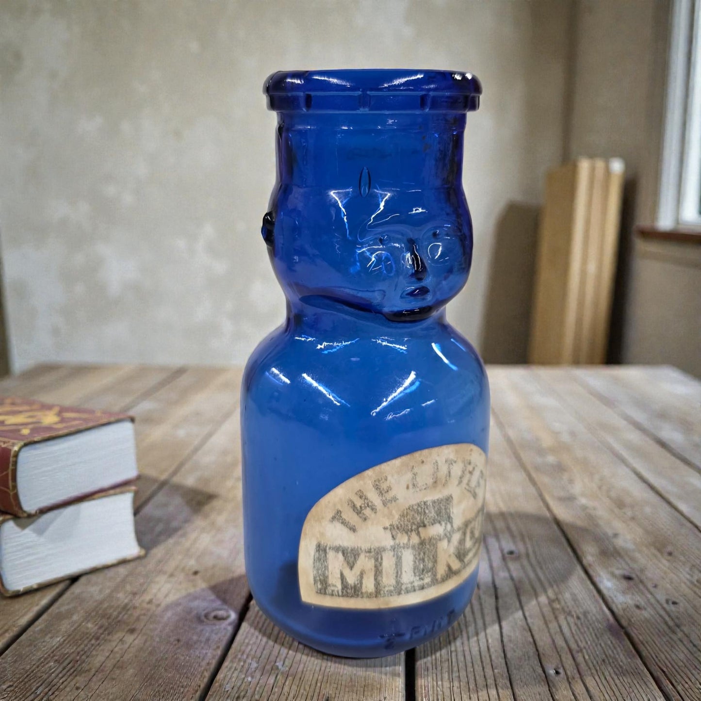 Blue glass bottle with a label on a wooden surface