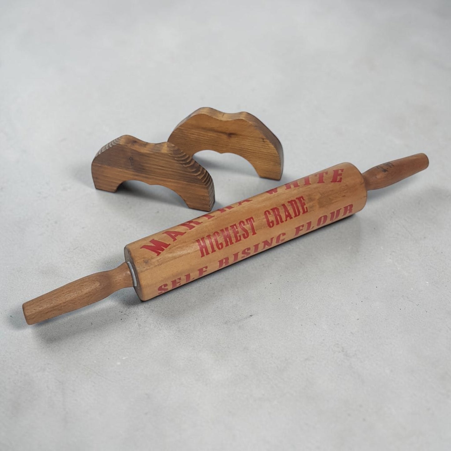 Vintage-style Martha White Flour rolling pin display piece with optional countertop display feet.