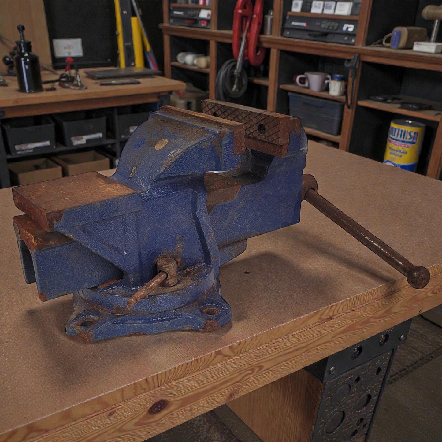 Blue vise on a wooden workbench in a workshop setting