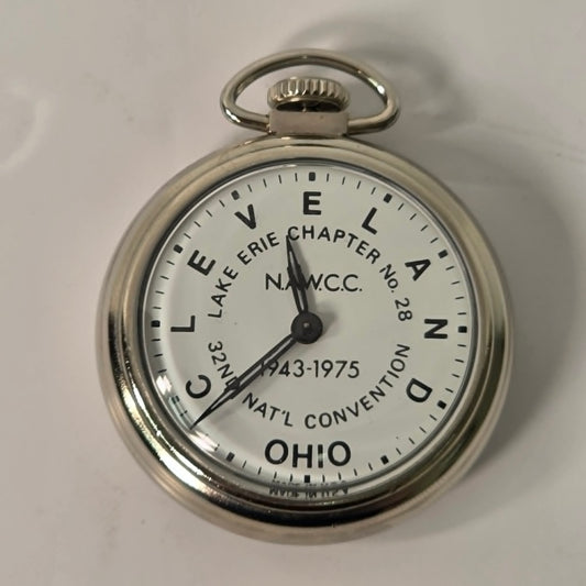 Vintage NAWCC Lake Erie Chapter 28 pocket watch in original cardboard packaging, 32nd National Convention Ohio, mint condition collectible watch.