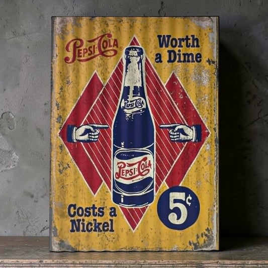 Retro Pepsi-Cola corrugated metal sign with Worth a Dime Costs a Nickel design.