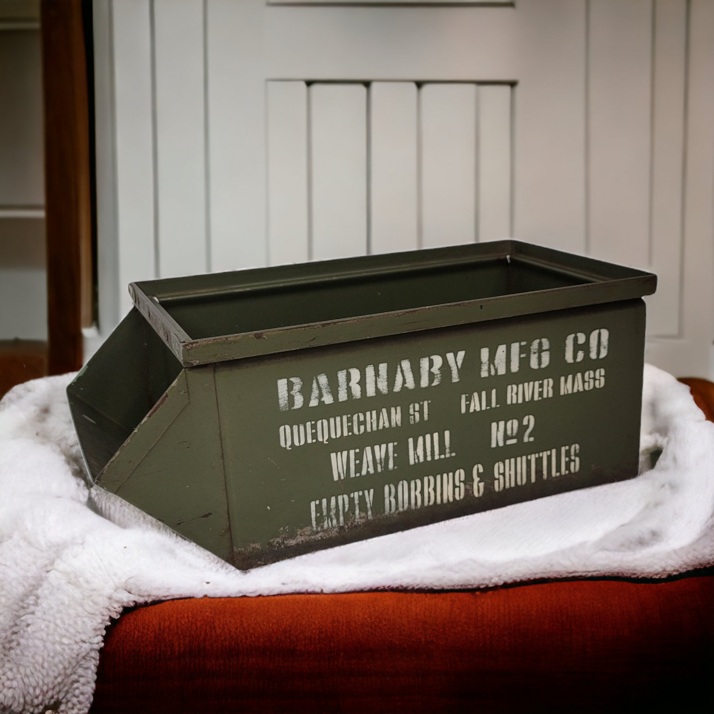 Antique Bin Industrial Metal Box Barnaby MFG Co Fall River Mass Textile Mill Bobbin and Shuttle box