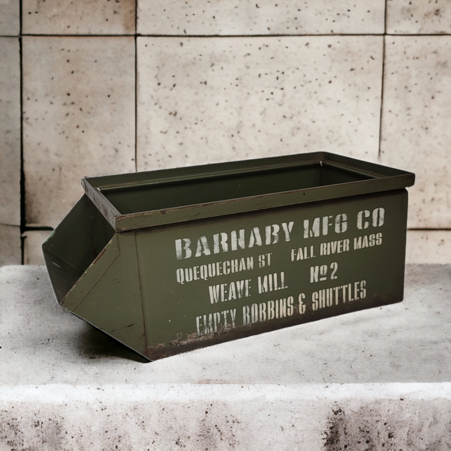 Antique Bin Industrial Metal Box Barnaby MFG Co Fall River Mass Textile Mill Bobbin and Shuttle box