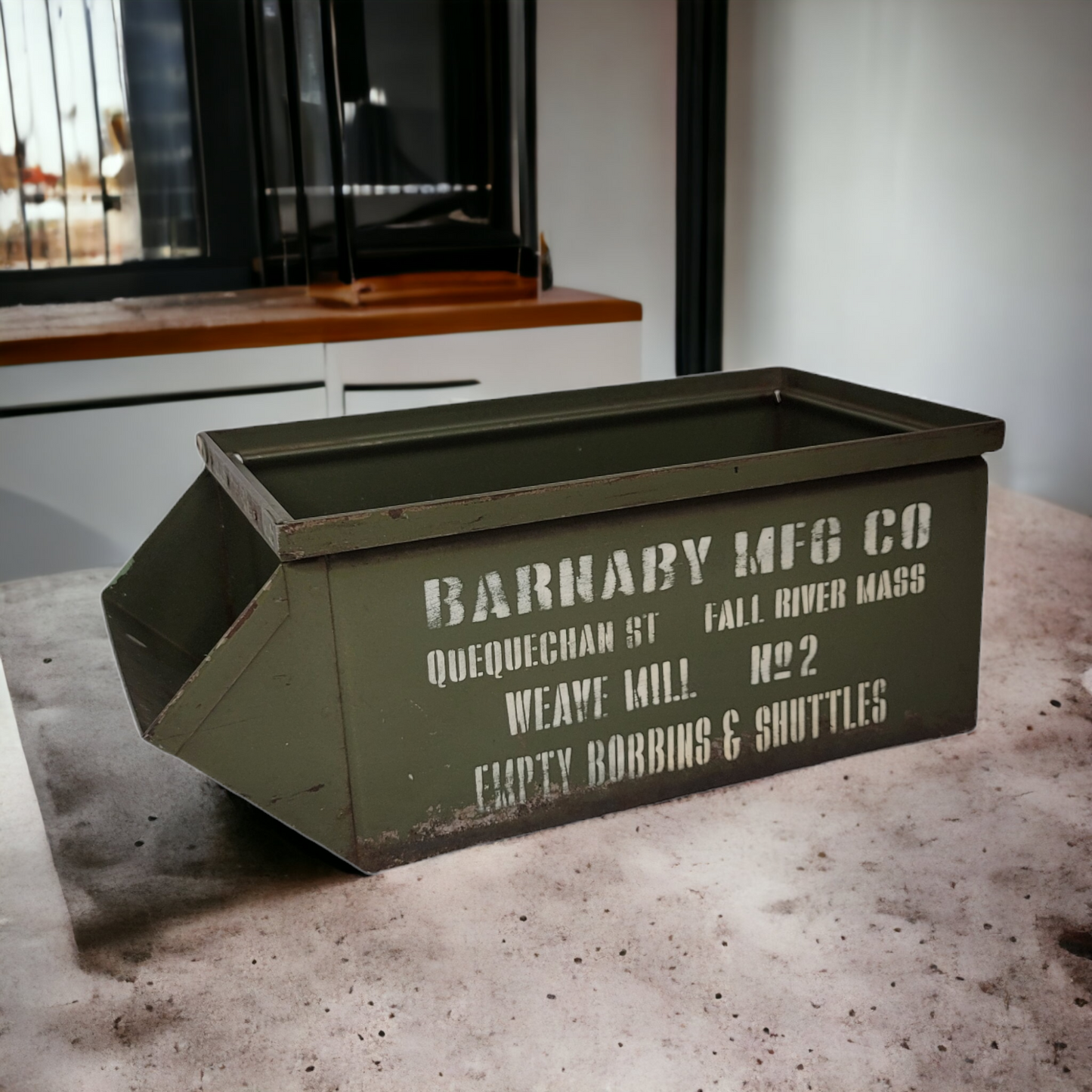 Antique Bin Industrial Metal Box Barnaby MFG Co Fall River Mass Textile Mill Bobbin and Shuttle box