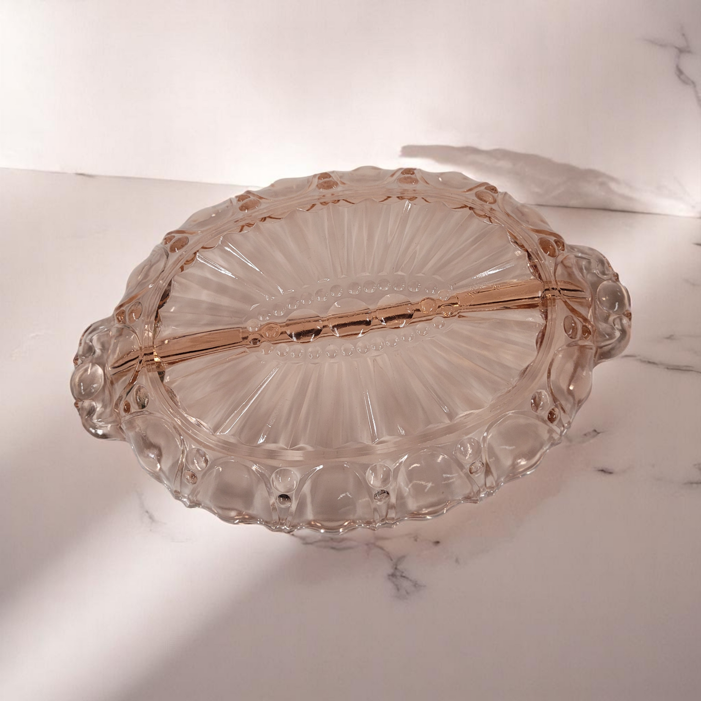 Vintage Large 12" Pink Depression Glass Divided Serving Dish With Handles
