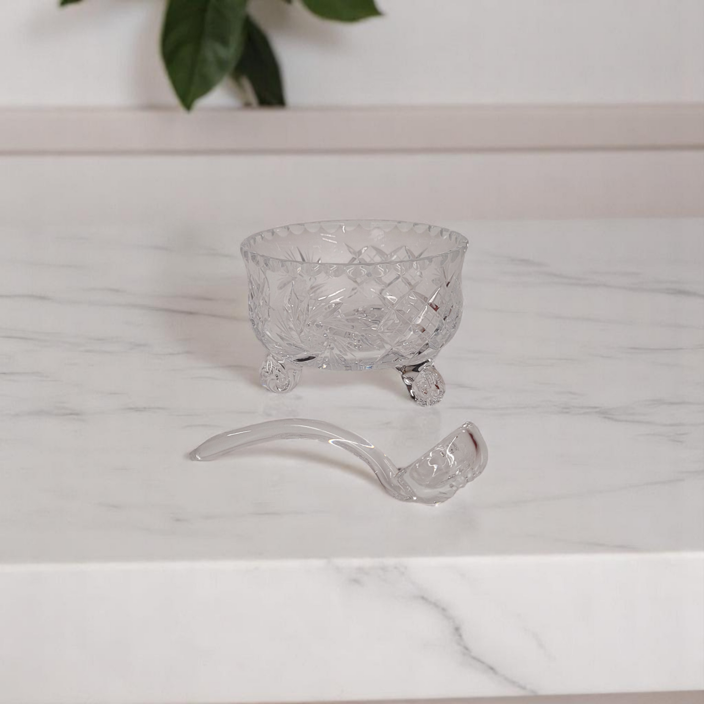 Small Hand-Cut Crystal Glass 3-Footed Sugar Bowl With Crystal Spoon