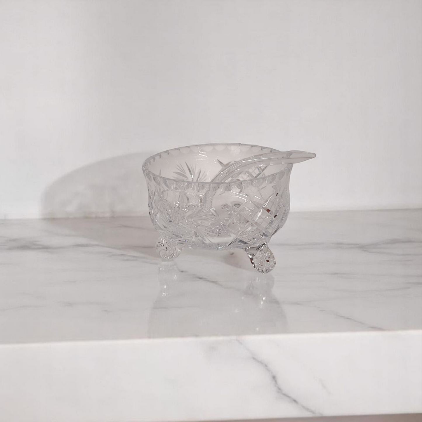 Small Hand-Cut Crystal Glass 3-Footed Sugar Bowl With Crystal Spoon