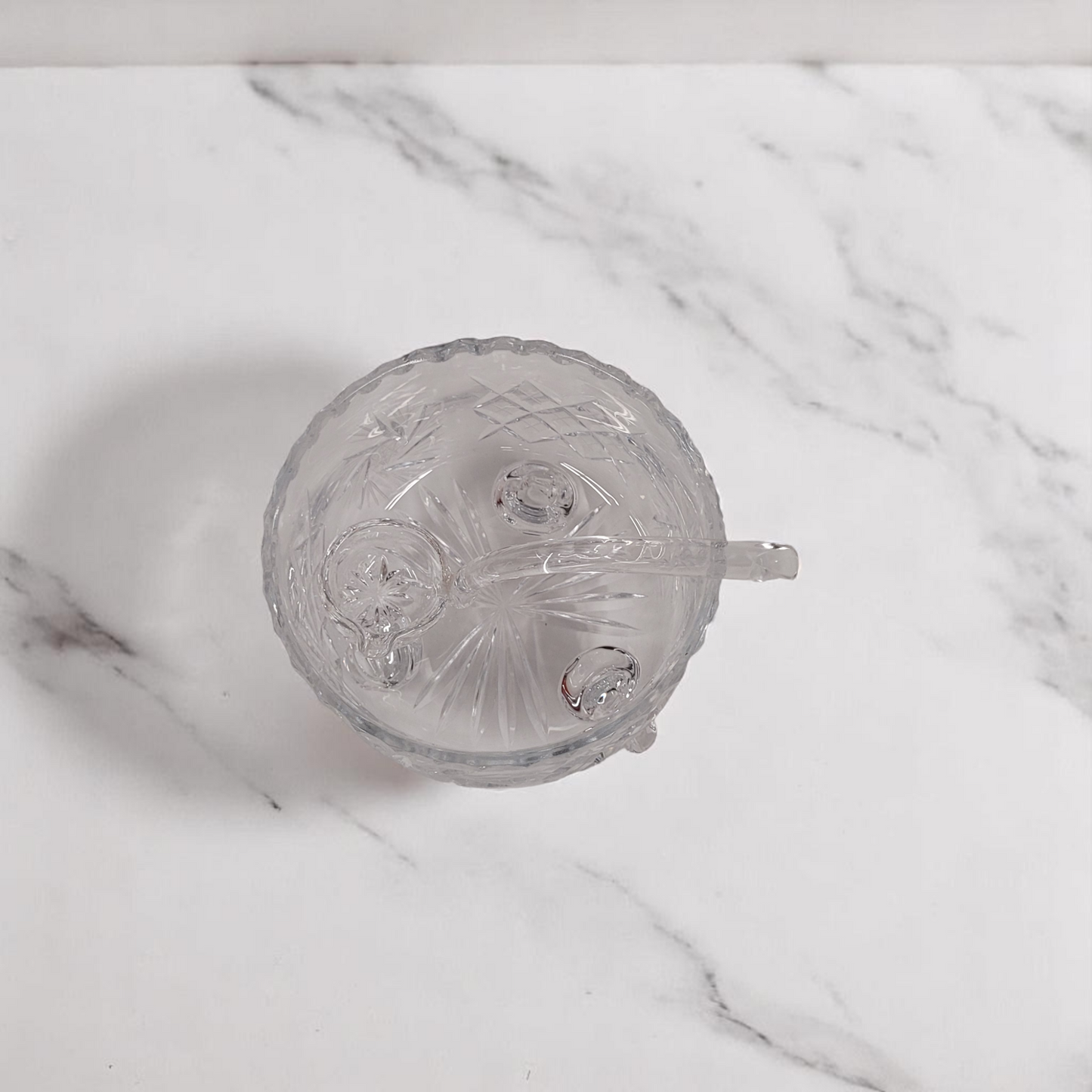 Small Hand-Cut Crystal Glass 3-Footed Sugar Bowl With Crystal Spoon