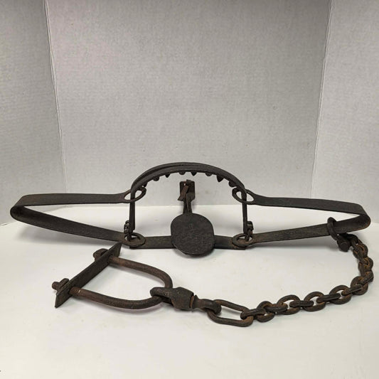 Antique Triumph 415X bear trap with toothed jaws and attached chain.