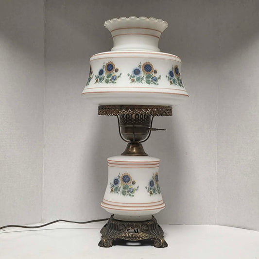 Vintage Abigail Adams style hurricane lamp with blue and yellow sunflower floral decoration and tri-light function.