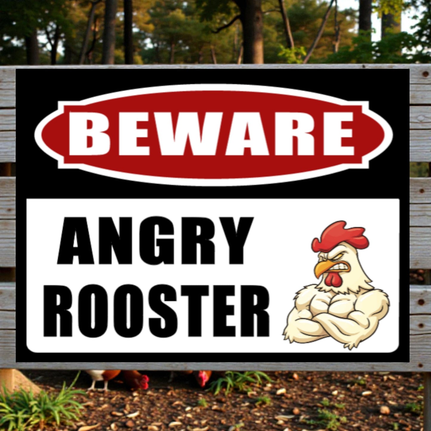 Warning sign with cartoon rooster and text 'Beware Angry Rooster' in front of a natural background.