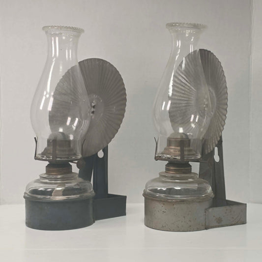 Beautiful matched pair of Queen Mary kerosene lamps with original Pycrest chimneys and pleated reflectors.