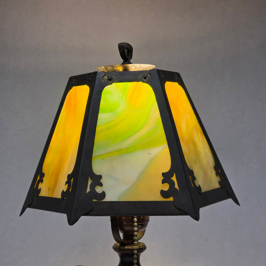 Circa 1910 Art Nouveau Arts and Crafts slag glass lamp with copper shade