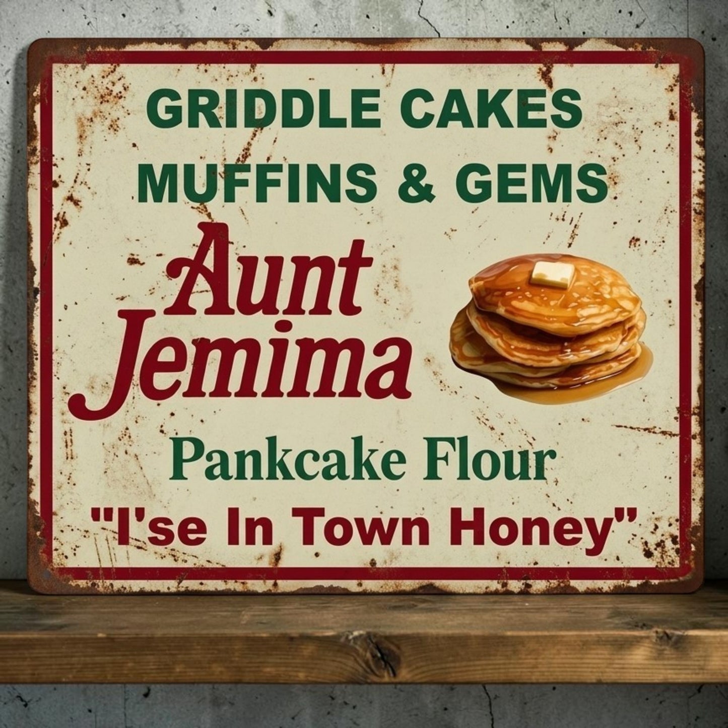 Retro Aunt Jemima Griddle Cakes Muffins and Gems aluminum kitchen sign.
