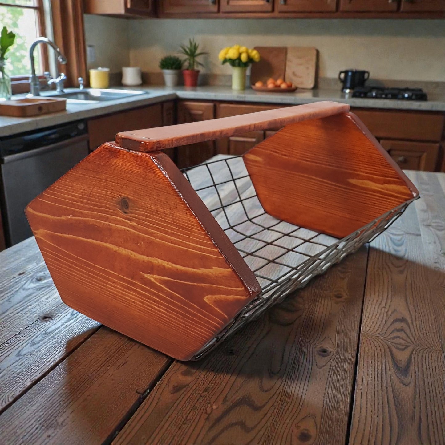 Wooden egg basket
on a kitchen counter with a laptop underneath
