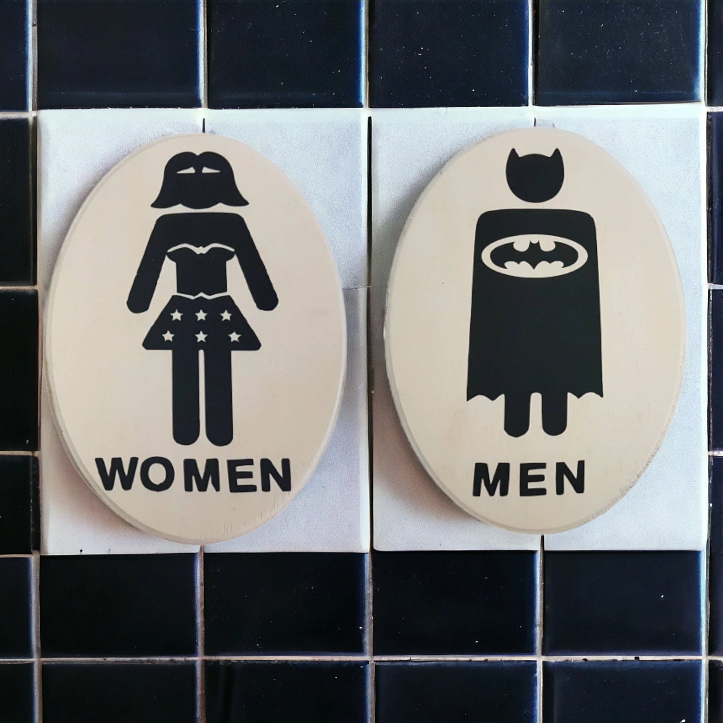 Bathroom Signs Batman Wonder Woman - Wainfleet Trading Post