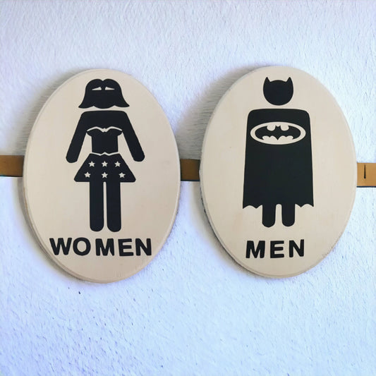 Bathroom Signs Batman Wonder Woman - Wainfleet Trading Post