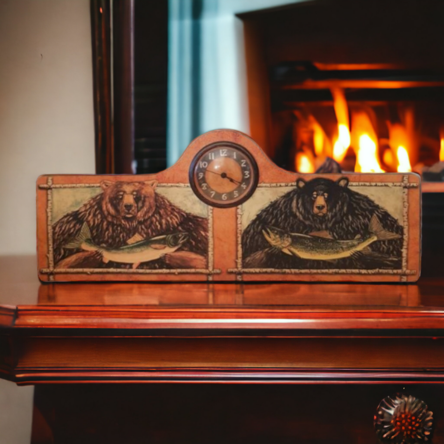 Hunting Themed Clock Grizzly Bear Fishing Salmon Hunt Camp Decor